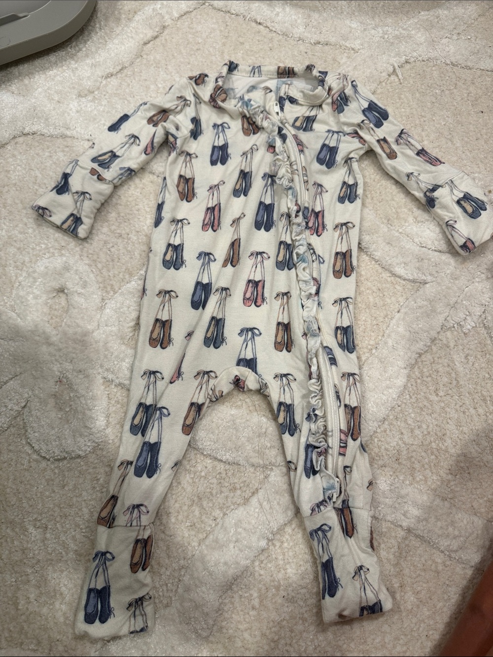 Pink Chicken Cream Footie with Blue, Pink & Brown Ballet Shoe Print